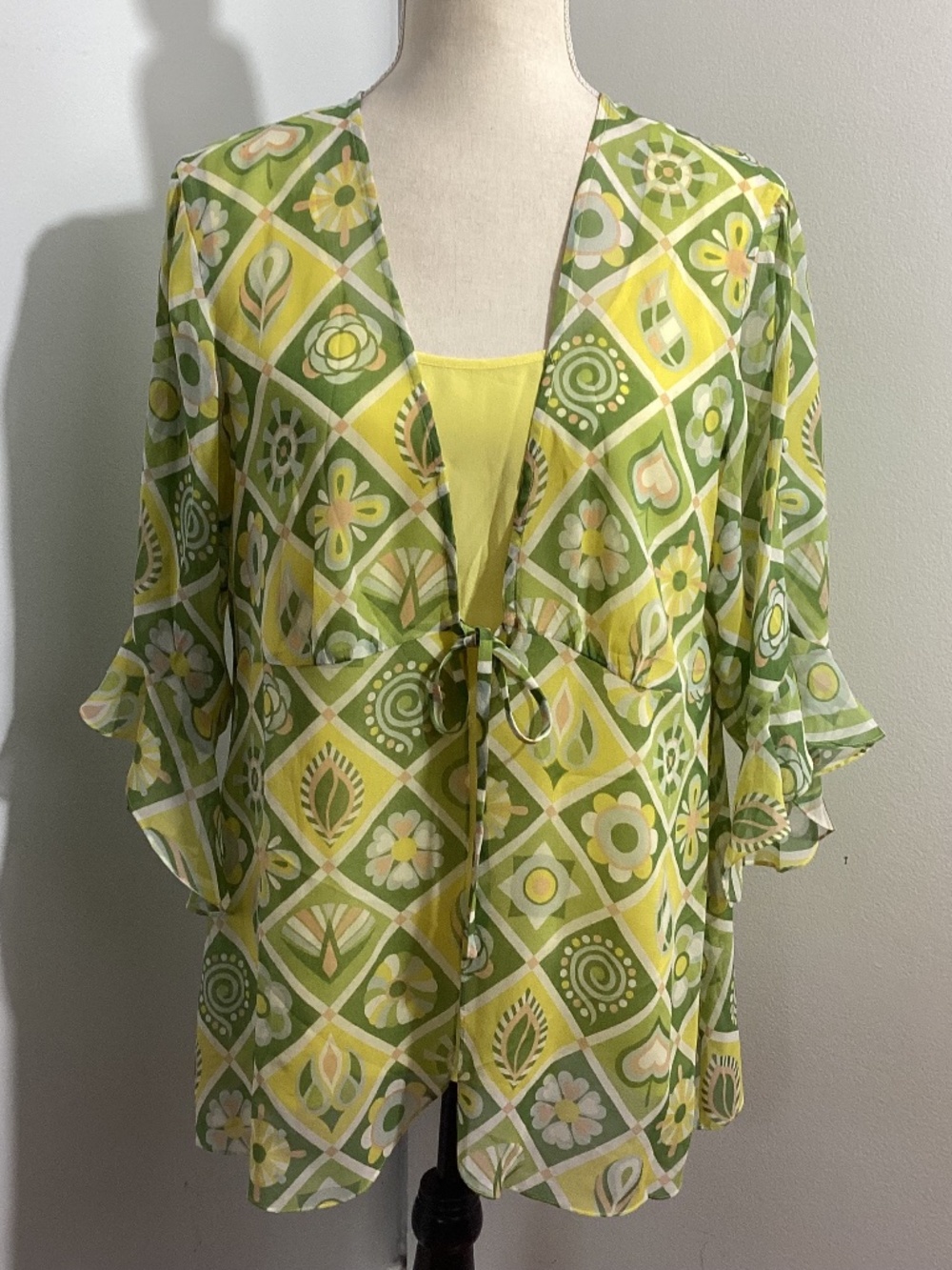 VTG BOB MACKIE WEARABLE ART SZ  MEDIUM TWINSET TANK & BLOUSE FLORAL YELLOW GREEN